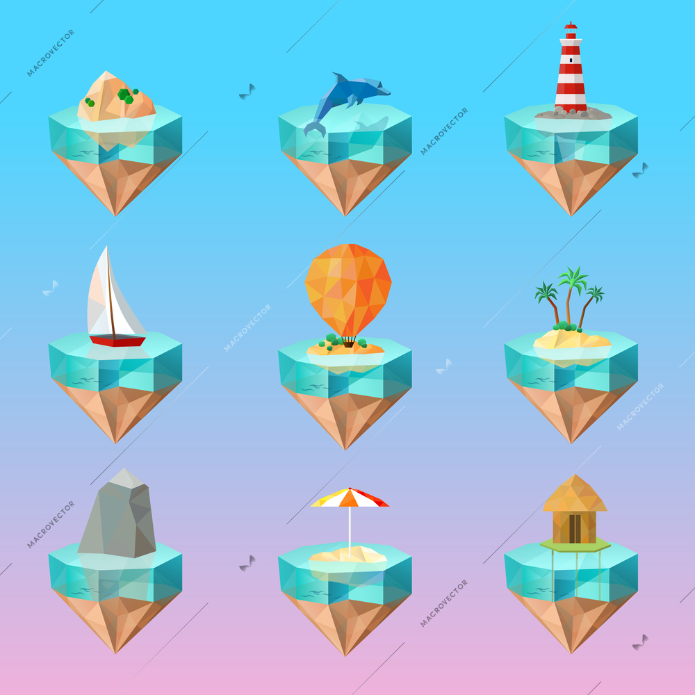 Tropical island symbols polygonal icons set on beautiful color gradient background with palm sailboat lighthouse dolphin vector illustration