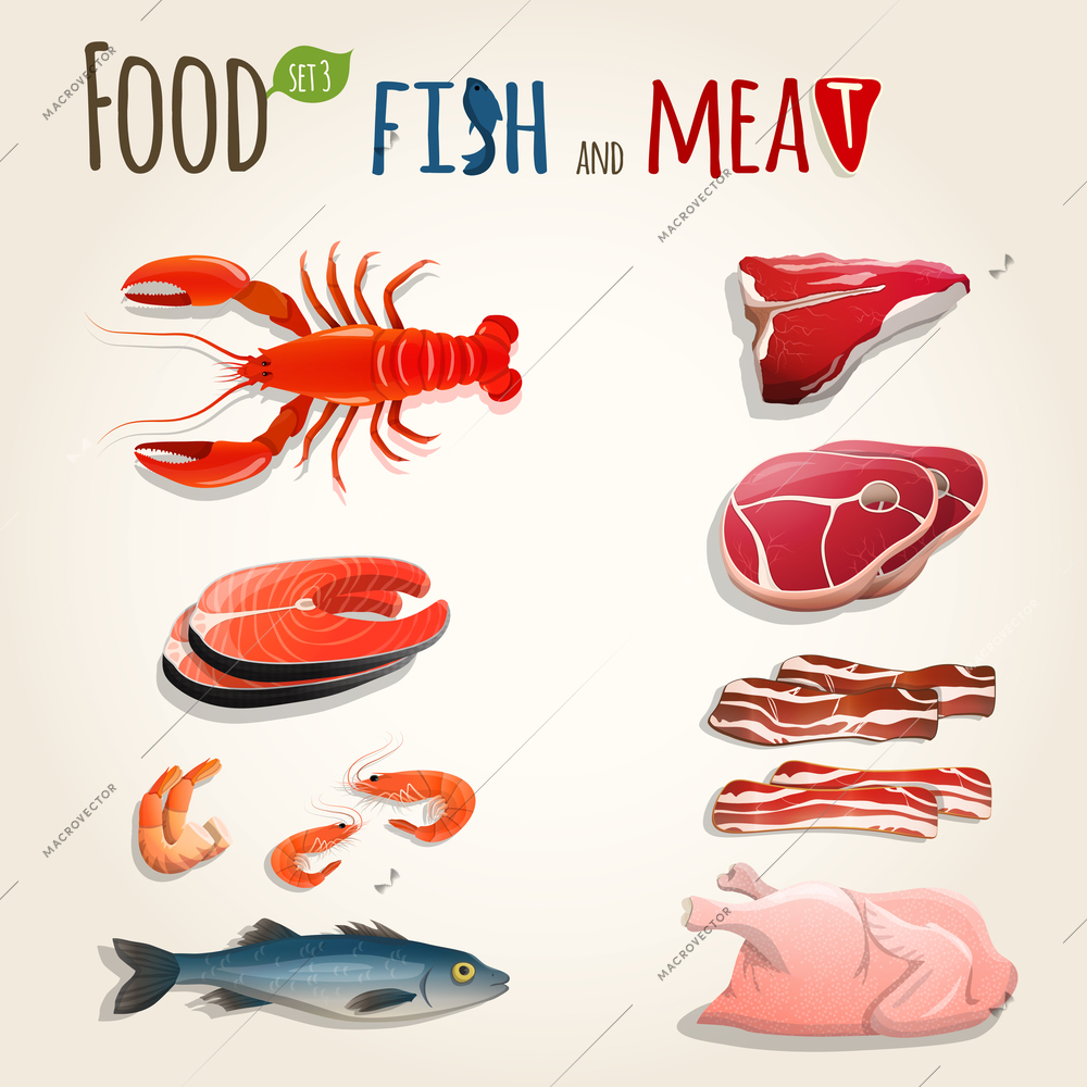 Food fish and meat decorative elements collection of chicken shrimp bacon vector illustration