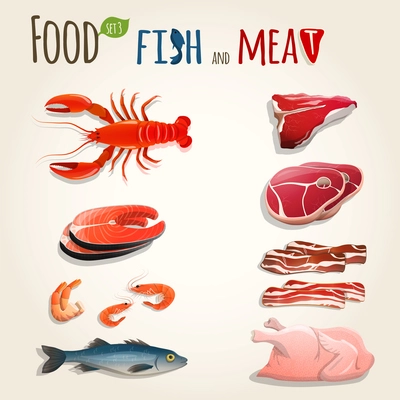 Food fish and meat decorative elements collection of chicken shrimp bacon vector illustration