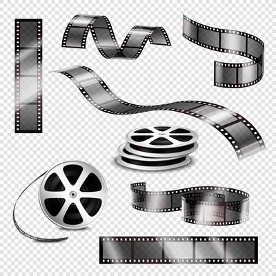 Realistic straight and twisted photographic strips and film reels 3d set on transparent background isolated vector illustration