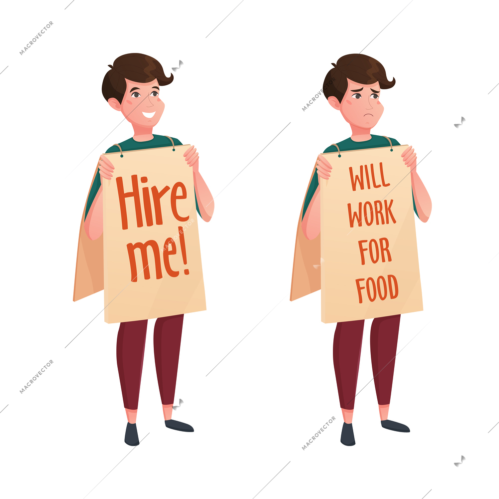 Job street search decorative icons set of two young men with promotional posts looking for any job flat vector illustration