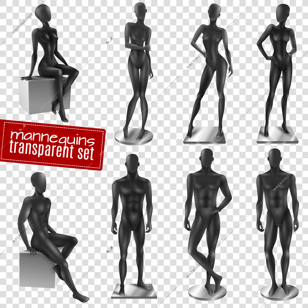 Retail window display black realistic female male full body movable joints mannequins collection transparent background vector illustration