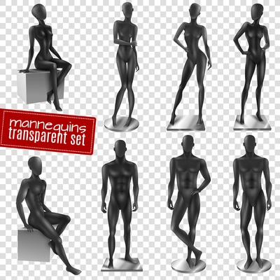 Retail window display black realistic female male full body movable joints mannequins collection transparent background vector illustration