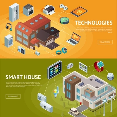 Set of horizontal isometric house banners with modern connected home technologies and internet of things conceptual compositions vector illustration