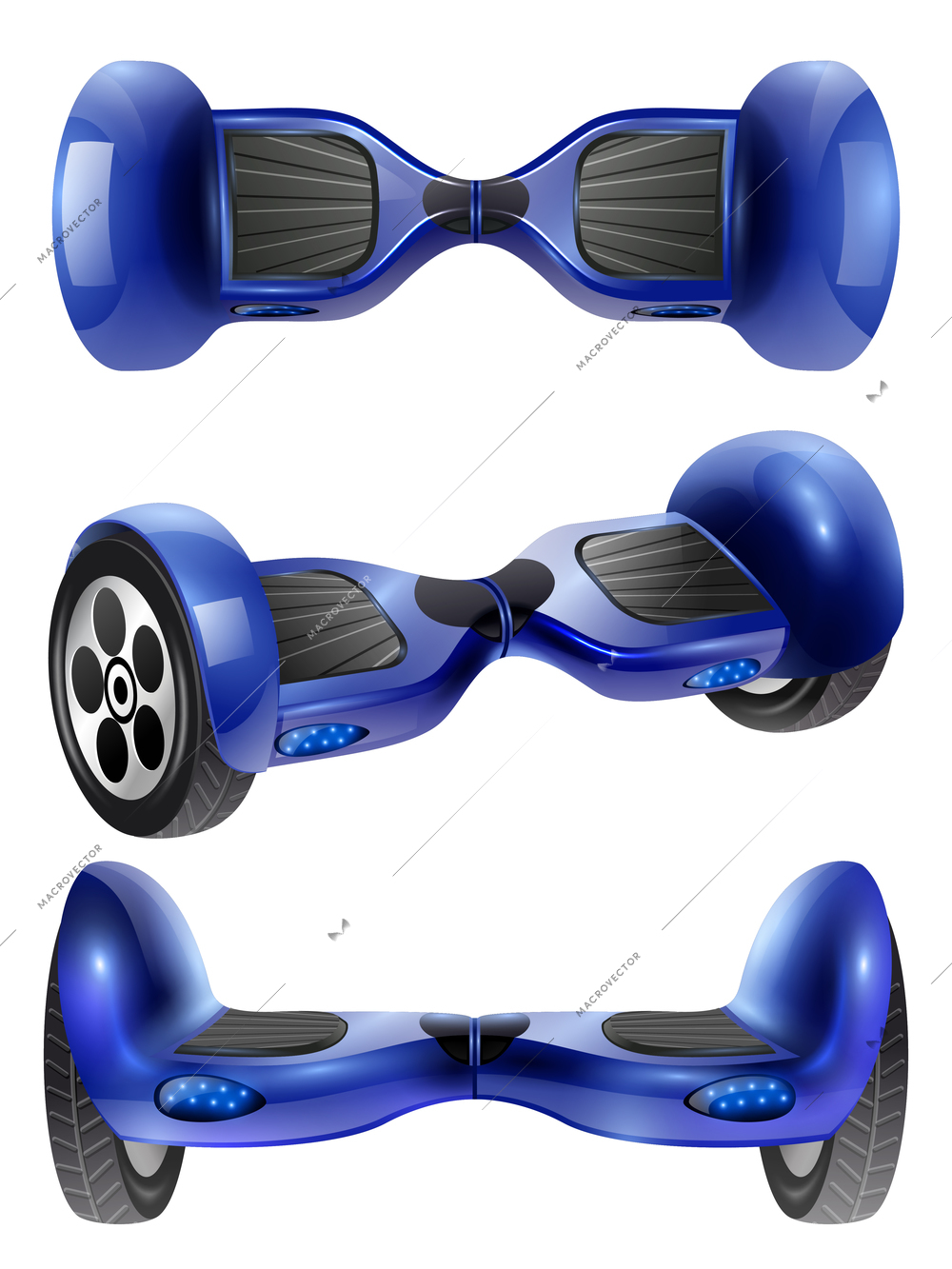 Realistic self-balancing gyro two-wheeled board scooter or hoverboard 3 projections images set dark blue vector illustration