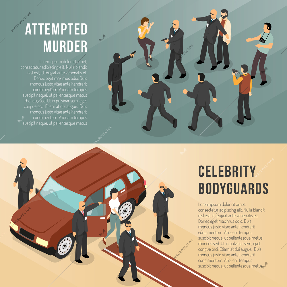 Celebrity bodyguards in action 2 isometric informative  banners with red carpet and shooting scene isolated vector illustration