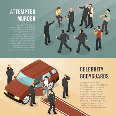 Celebrity bodyguards in action 2 isometric informative  banners with red carpet and shooting scene isolated vector illustration