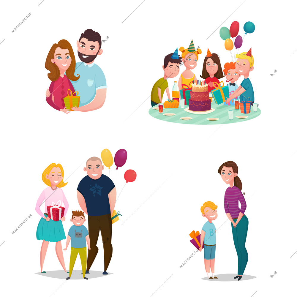 Gift giving family flat characters collection with married couple group of friends kids mother and son vector illustration