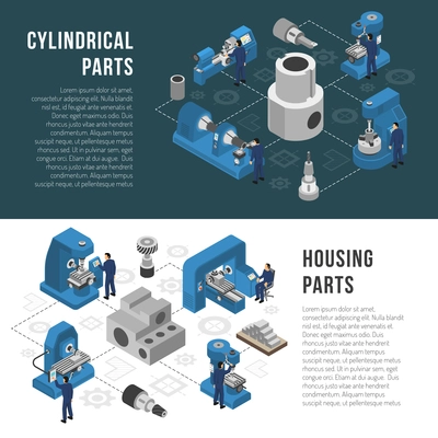 Heavy industry production process description with cylindrical and housing parts manufacturing information 2 isometric banners isolated vector illustration