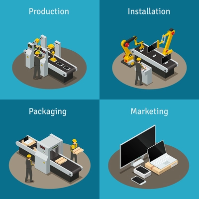 Four square colored electronics factory isometric composition with production installation packaging and marketing descriptions vector illustration