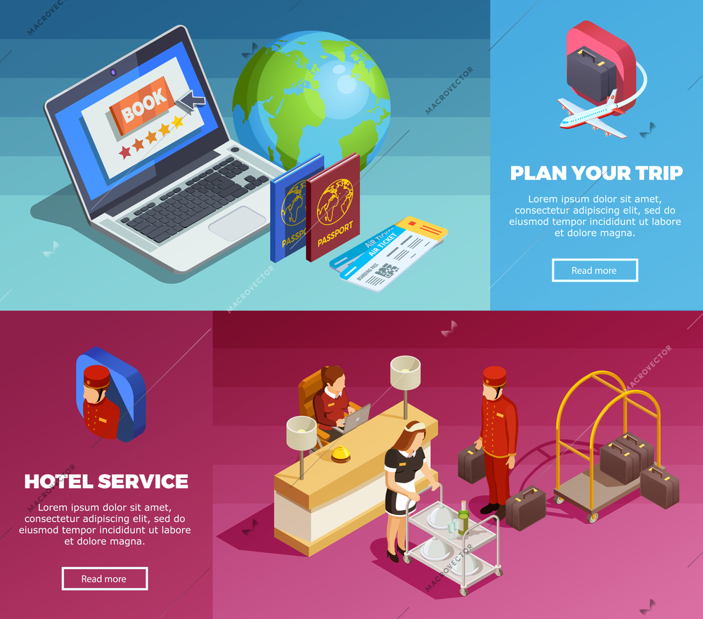 Online trip planning hotel booking service 2 isometric banners webpage design with earth globe passports tickets vector illustration