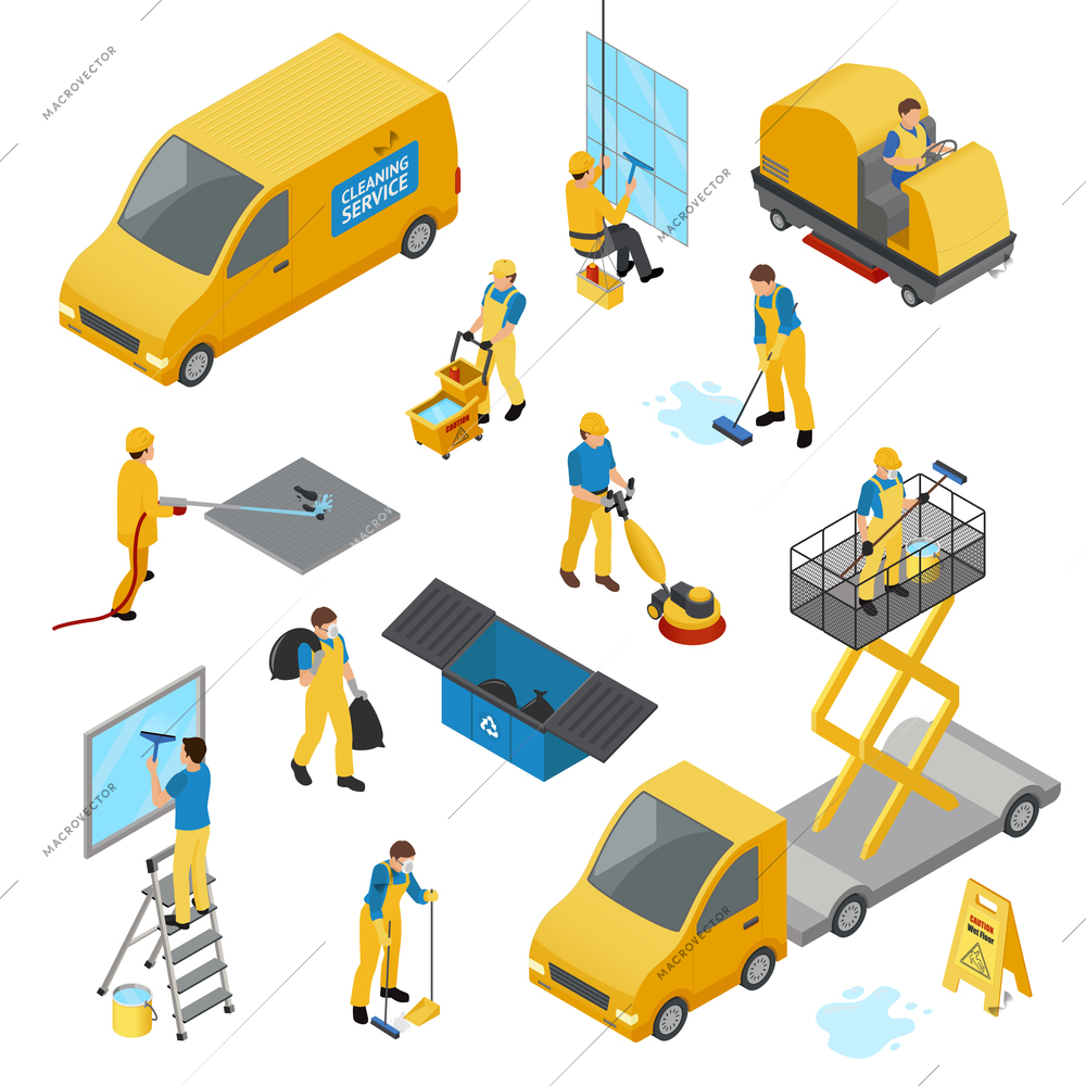 Colored isometric industrial cleaning icon set with people in yellow work uniform vector illustration