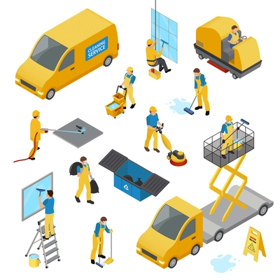 Colored isometric industrial cleaning icon set with people in yellow work uniform vector illustration