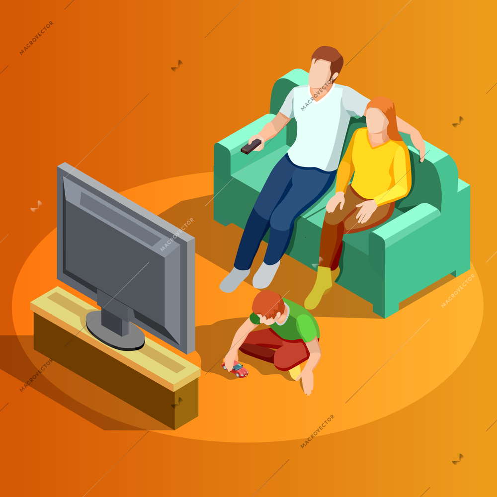 Young family watching tv in living room with little boy playing on carpet isometric view vector illustration