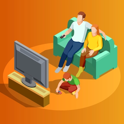 Young family watching tv in living room with little boy playing on carpet isometric view vector illustration