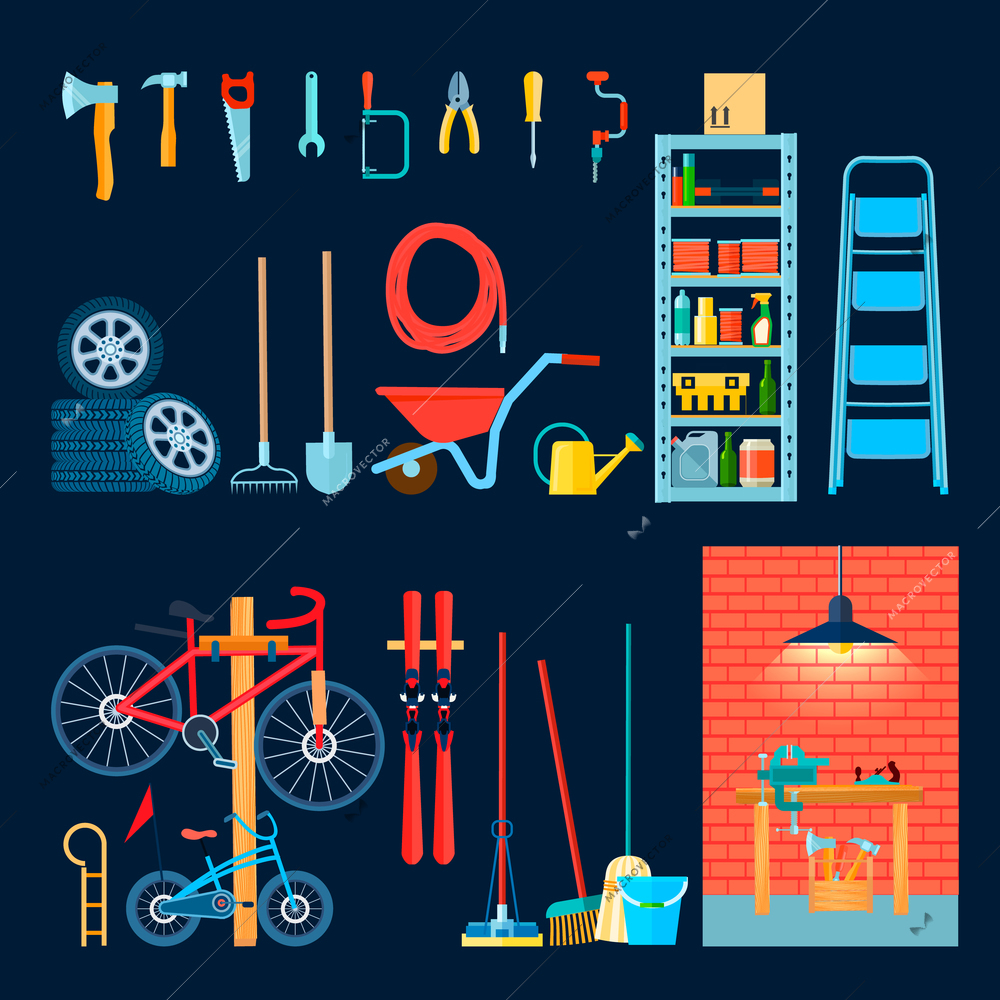 Home garage storeroom house interior objects composition with flat images of different manual tools and equipment vector illustration