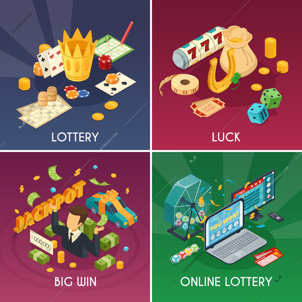 Lottery concept icons set with luck and win symbols isometric isolated vector illustration