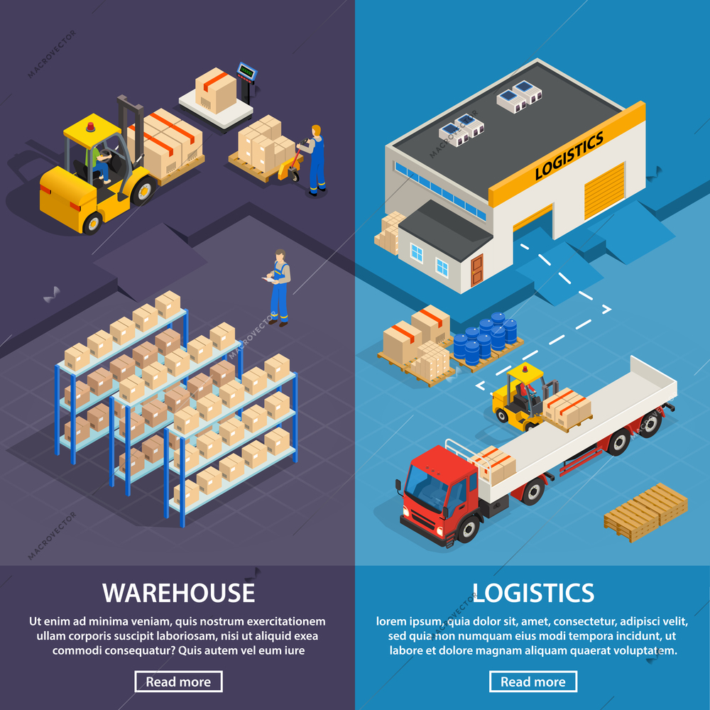 Logistics and warehouse two vertical banners with workers  racks with boxes and cargo transport isometric vector illustration