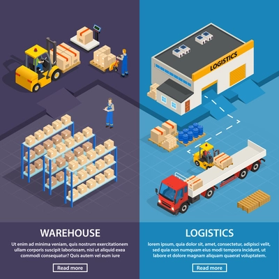 Logistics and warehouse two vertical banners with workers  racks with boxes and cargo transport isometric vector illustration