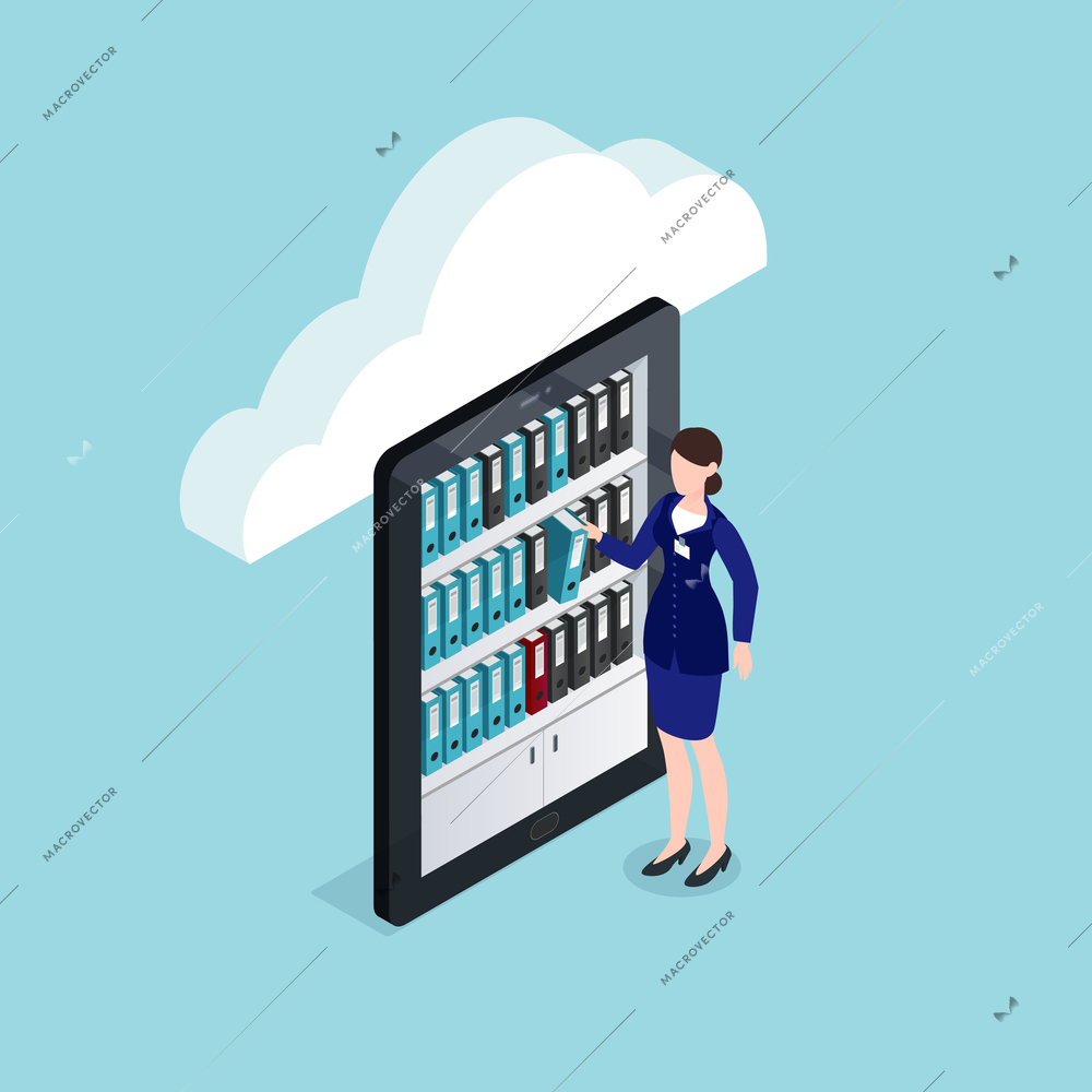 Cloud documents storage isometric design with woman near shelves with folders on mobile device screen vector illustration