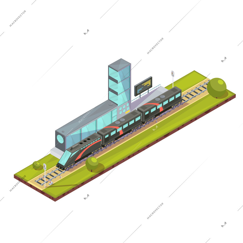 Trains composition of isometric railway passenger train and light rail images with railroad station terminal building vector illustration