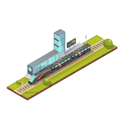 Trains composition of isometric railway passenger train and light rail images with railroad station terminal building vector illustration