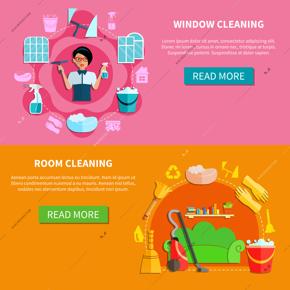 Room and window cleaning horizontal banners set with furniture cleaning utensils signs and read more button vector illustration