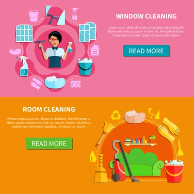Room and window cleaning horizontal banners set with furniture cleaning utensils signs and read more button vector illustration
