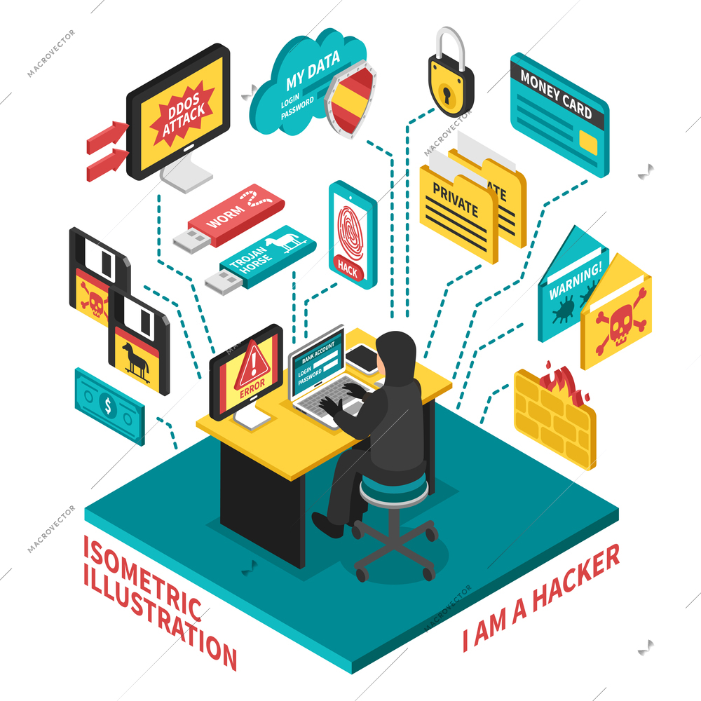 Hacker behind table with laptop and icons set with cyber crimes on white background isometric vector illustration