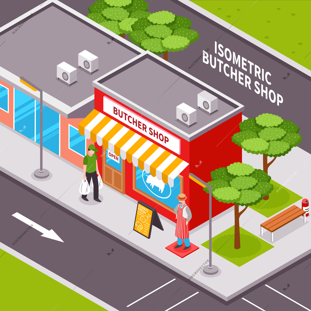 Butcher shop outside isometric design with advertising striped awning passing man road infrastructure and trees vector illustration