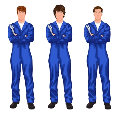 Three young handsome mechanic workers in overall with spanner, arms crossed with different hair styles vector illustration