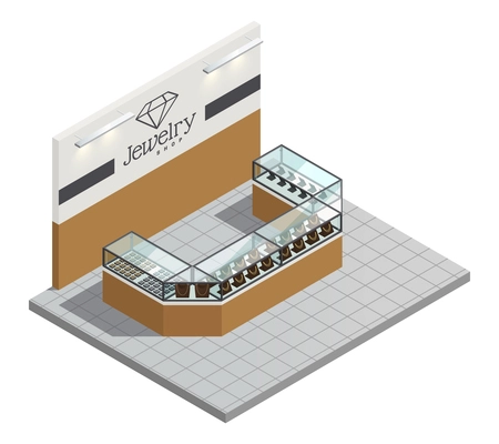 Jewelry store top view interior with female expensive gold jewelry in transparent counter without seller and visitors isometric vector illustration