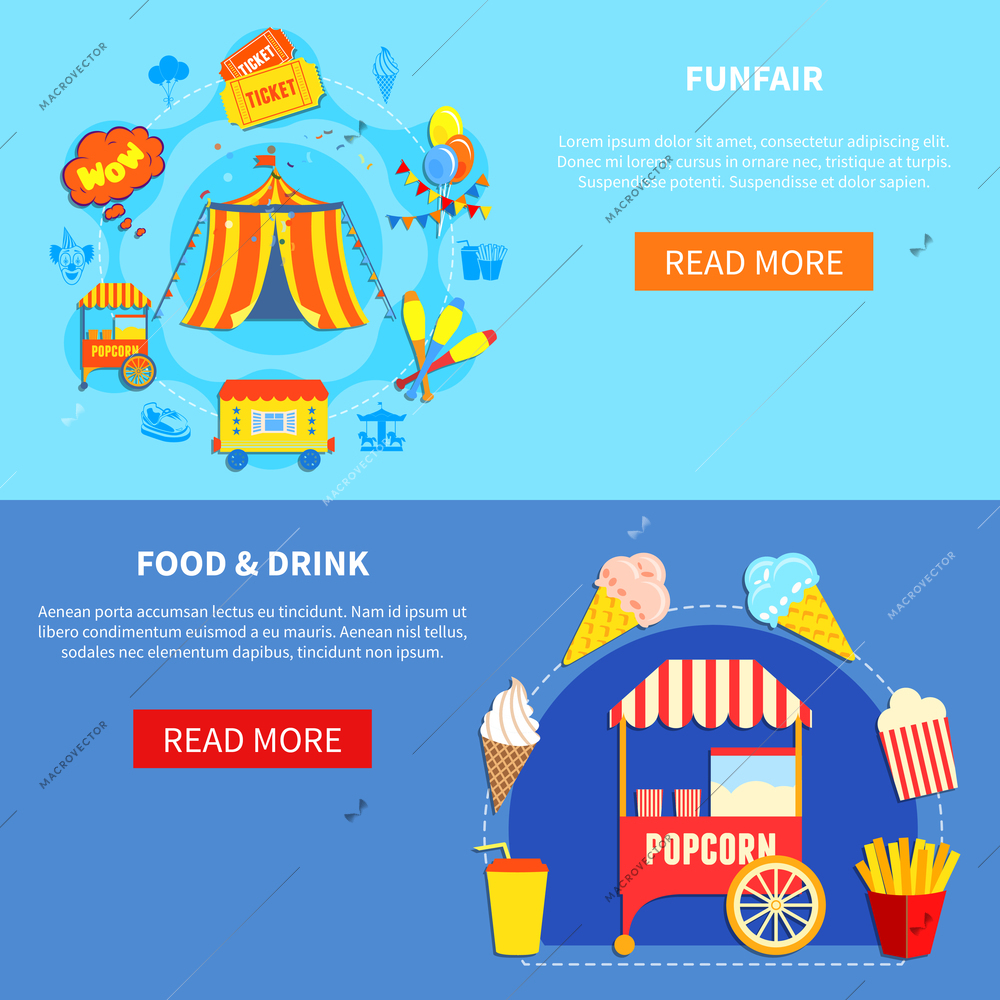 Funfair horizontal banners website design abstract isolated vector illustration