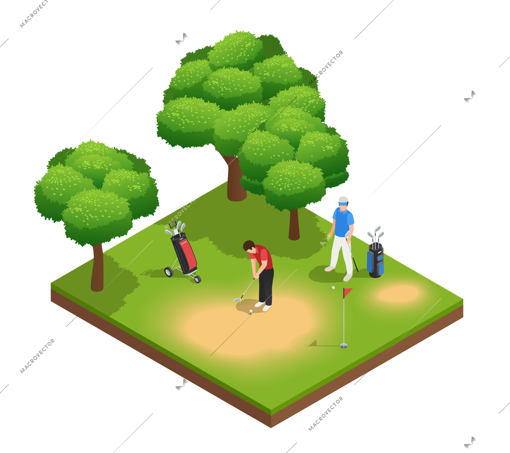 Golf isometric top view composition with two sportsmen playing on golf course bags hole and trees vector illustration