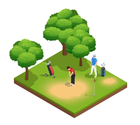 Golf isometric top view composition with two sportsmen playing on golf course bags hole and trees vector illustration