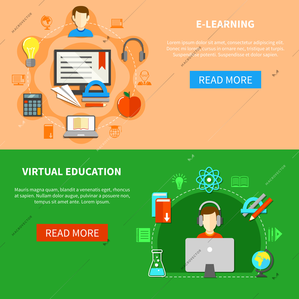 Two horizontal e learning banner set with virtual education headline and buttons read more vector illustration