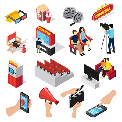 Cinema 3d isometric set of isolated ticket office seats people popcorn and smartphone ticketing app icons  vector illustration