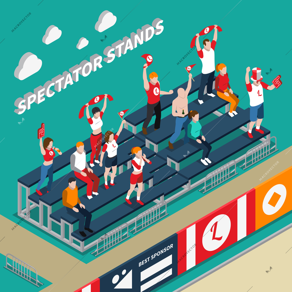 Spectator stands with excited fans with white red accessories during sporting event isometric vector illustration