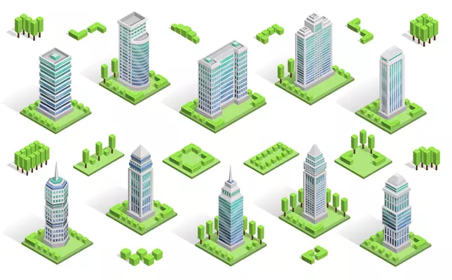 City houses isometric composition with  skyscrapers isolated vector illustration