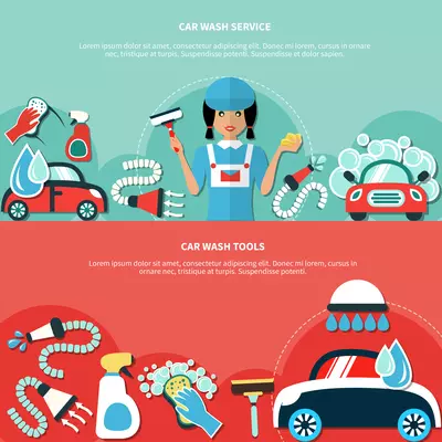 Two horizontal banners set with car wash worker character cartoon images of equipment and cleaning agents vector illustration