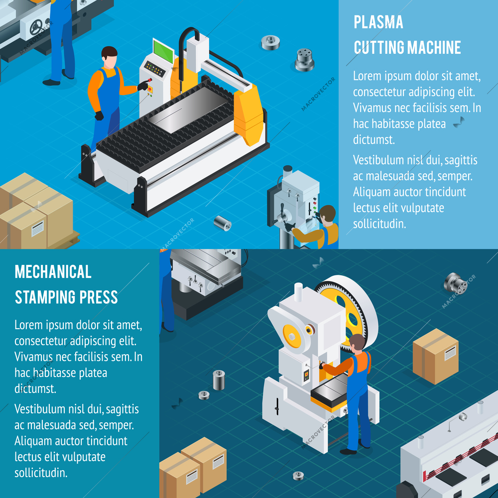 Metalworking plasma cutting mechanical stamping banners set with isometric punching press and plasma-arc burning centre images vector illustration