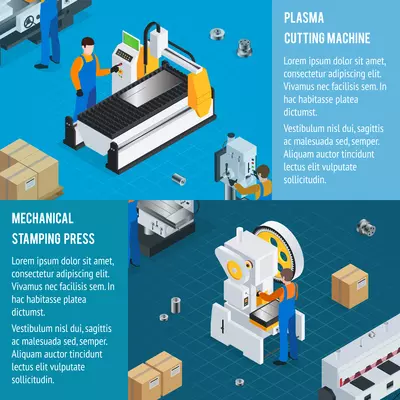 Metalworking plasma cutting mechanical stamping banners set with isometric punching press and plasma-arc burning centre images vector illustration