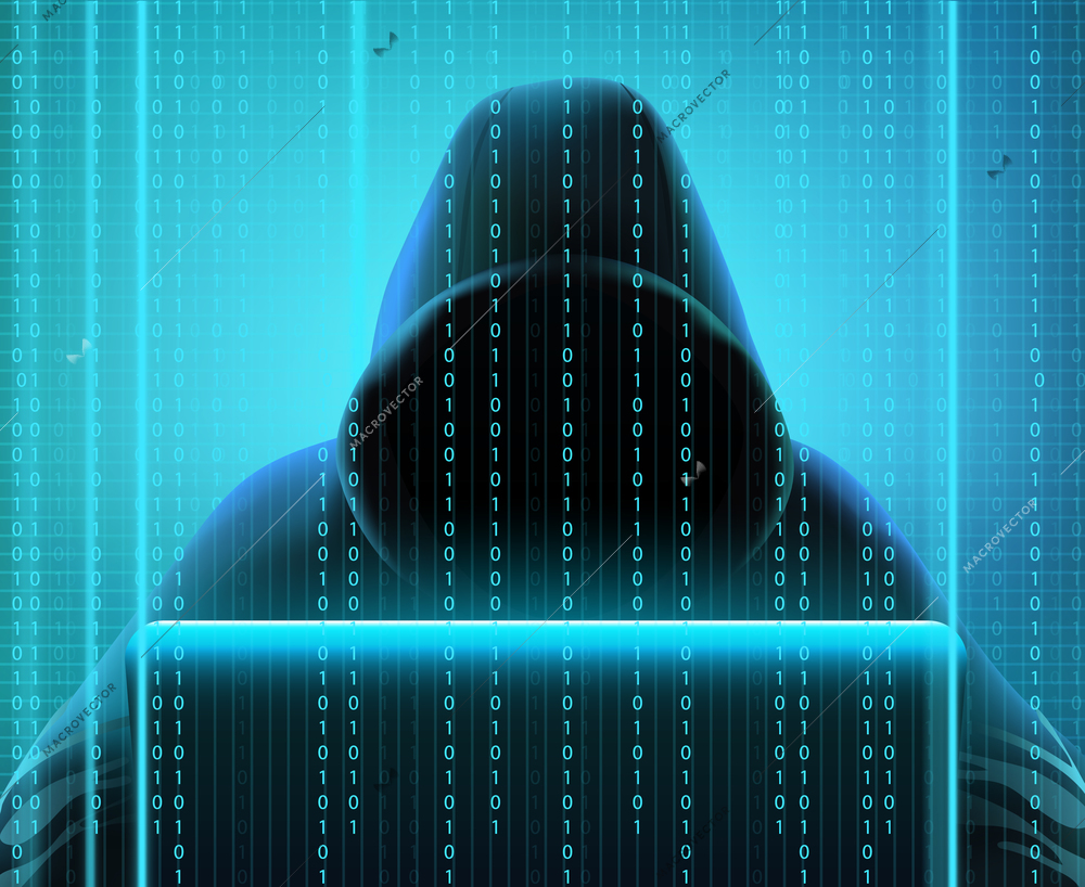 Colored hacker code realistic composition with person creates codes for hacking and stealing information vector illustration