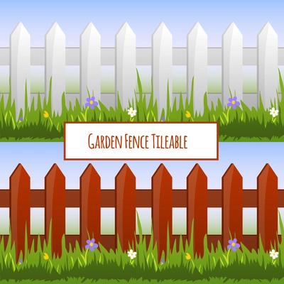 Garden fence with grass and daisy flowers tileable pattern vector illustration