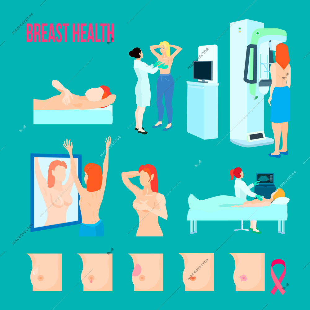 Colored flat and isolated breast disease icon set with different disease and ways to treat and recognize disease vector illustration