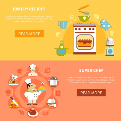 Cooking horizontal banners with home bakery ingredients chef and his tasks in flat style vector illustration