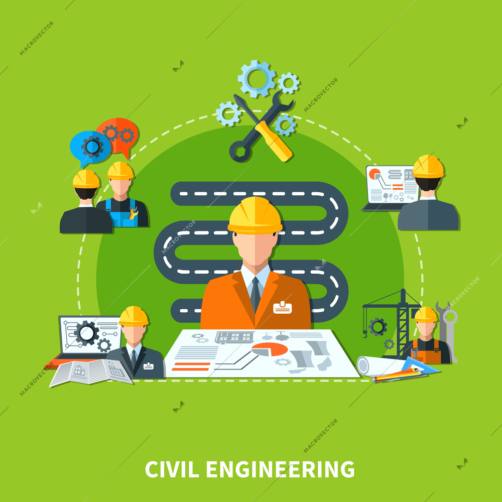 Civil engineering composition of flat design engineer and construction worker characters machinery and project layout images vector illustration