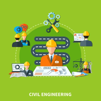 Civil engineering composition of flat design engineer and construction worker characters machinery and project layout images vector illustration