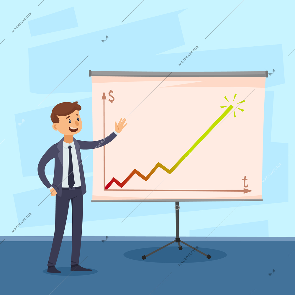 Presentation of career with businessman near whiteboard with colored graph on textured blue background vector illustration