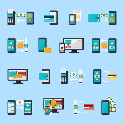 Mobile commerce orthogonal icons collection with flat smartphone payment terminal money and smart watch isolated images vector illustration